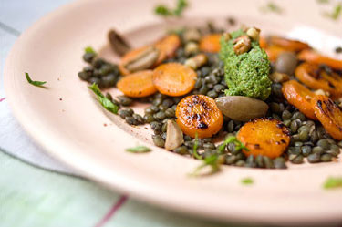 green lentil salad w/ celery-leaf pesto